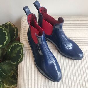 Lauren Ralph Lauren Navy Blue Rubber Red Elastic Pull On Ankle Rain Boots